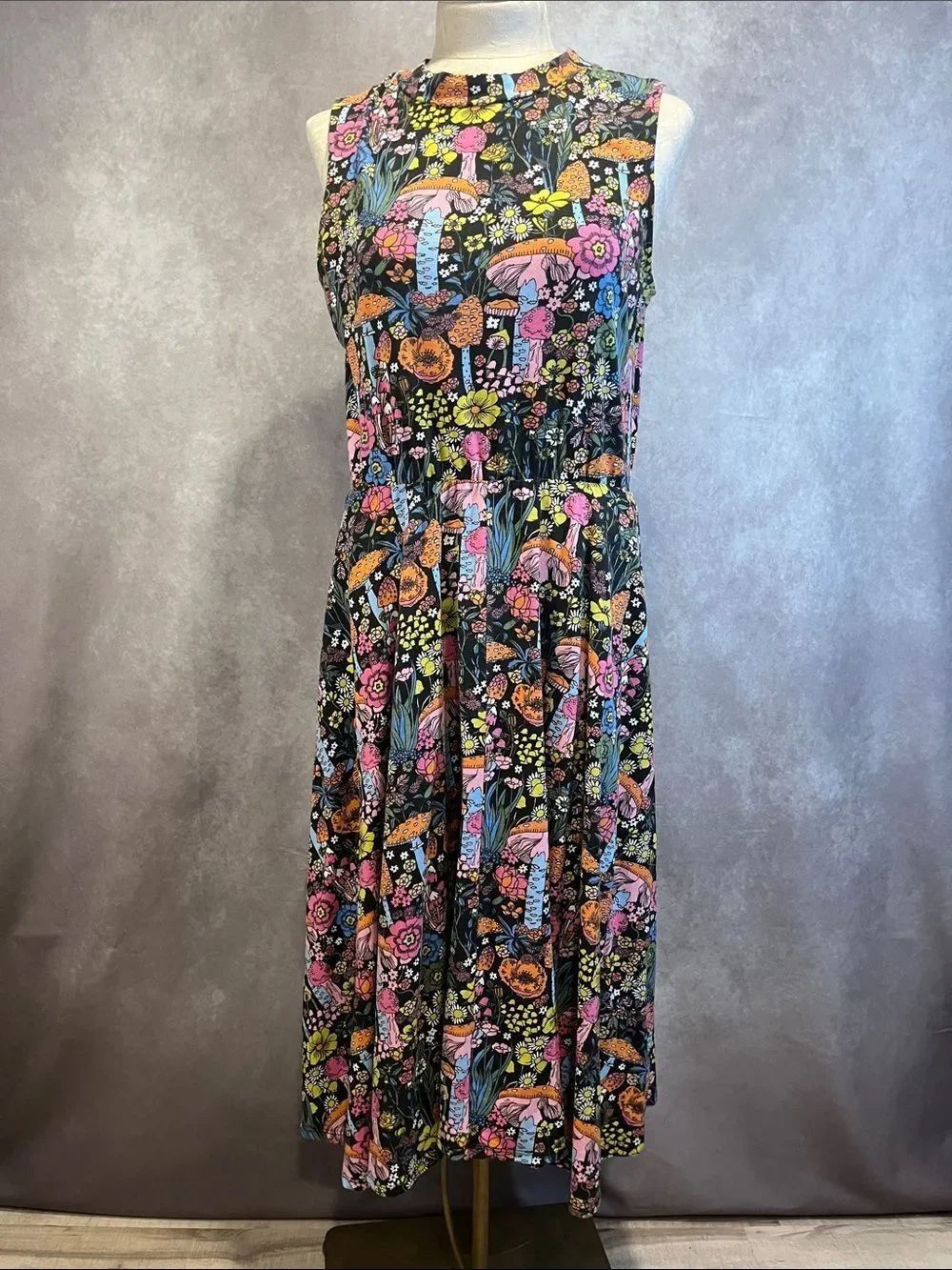 Nooworks Magic Mushroom Dahlia Midi Fit & Flare Print Midi Dress sz XL